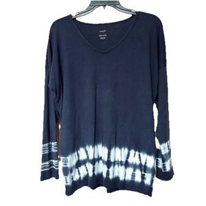 Pure Jill Top Sm Blue Tie Dyed V Neck Relaxed Tee Boho Preppy Nautical Coastal